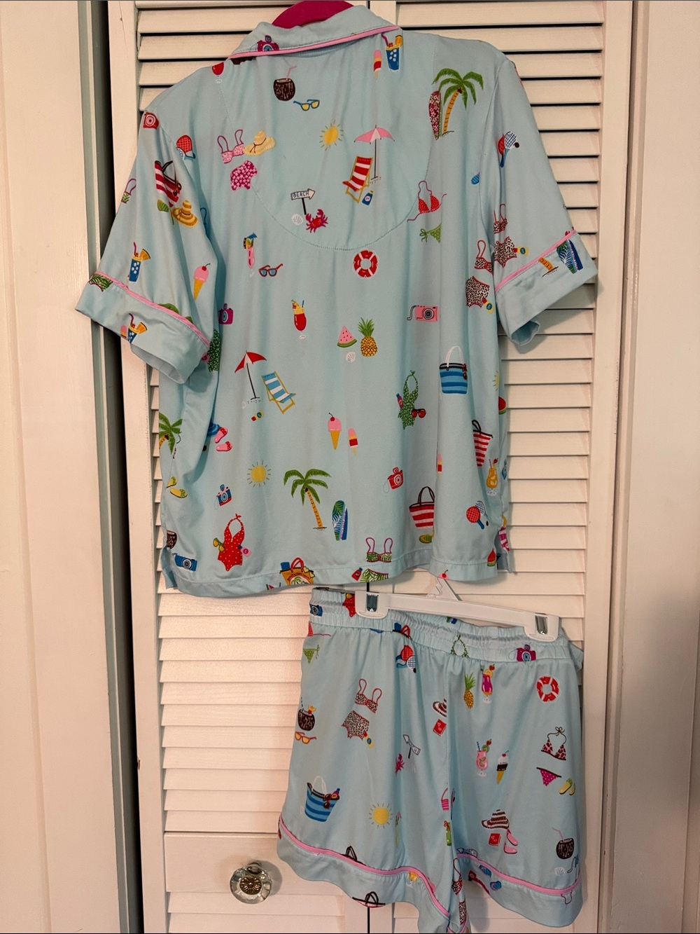 Women’s Light Blue Printed Short PJ Set with Pink Trim - Picture 5 of 8